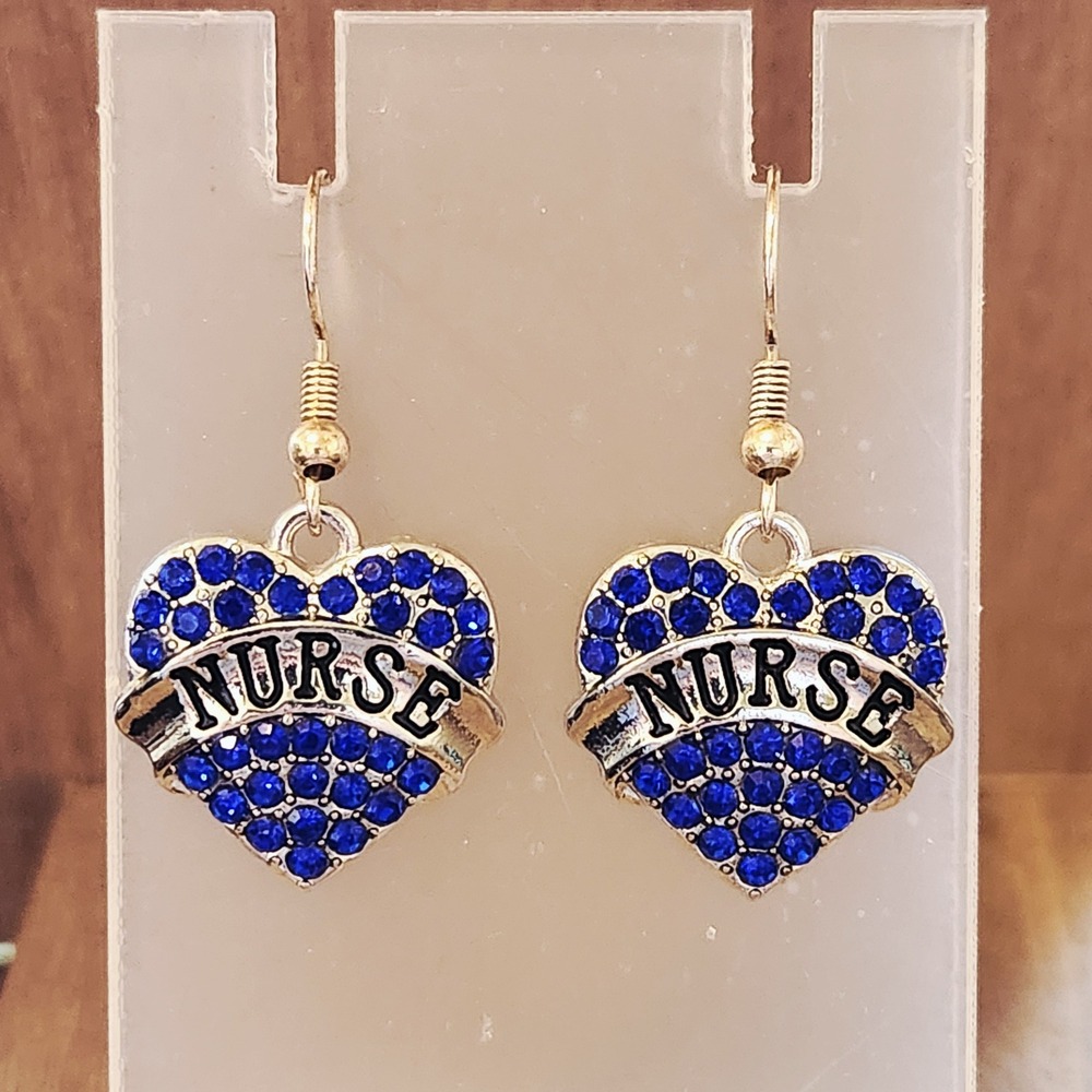 Blue Rhinestone Heart Nurse Dangle Earrings Silver Tone Medical Gift RN LPN